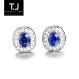 TJ珠宝 0.74克拉天然斯里兰卡皇家蓝蓝宝石钻石耳钉 附证书
