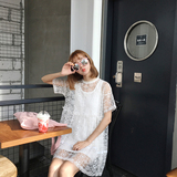 韩系夏季新款背心裙绣花蕾丝连衣裙两件套女神短袖圆领气质A字裙