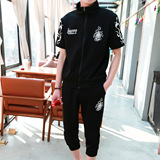 夏季卫衣男韩版修身青年学生短袖开衫立领外套七分裤跑步运动套装