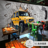 3d立体汽车破墙复古砖墙壁纸酒吧咖啡馆网吧餐厅背景墙纸大型壁画