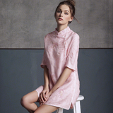 中式改良风设计 温婉古典气质 清新淡雅绣花粉色连衣裙中长款上衣