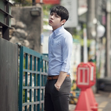 2016韩国夏季新款七分袖男士修身衬衫薄款翻领纯色职业正装衬衣潮