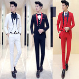 韩版修身西服套装时尚男士一粒扣西装三件套中长款男装白色燕尾服