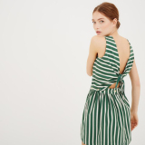 2016夏季新品 无袖背心+高腰半身裙 可拆卸两穿绿白条纹连衣裙女