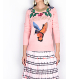2016秋款 老鹰玫瑰字母刺绣 圆领混纺长袖粉色针织套头衫 女毛衣