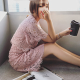 2016夏季新款韩版须须边短裙镂空圆领上衣显瘦蕾丝套装女CD61102
