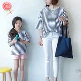 baby♀韩国亲子装半袖宝宝黑白条纹女童上衣套装儿童短袖T恤夏装