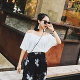 韩国2016夏季女装新款宽松v领t恤衫性感吊带露肩短袖t恤女上衣潮