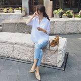 QS/2016夏季韩范女宽松V领长款职业衬衫蝙蝠袖上衣小清新白色衬衫