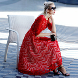 欧美高端大牌女装2016夏装新款红色仙气中长款连衣裙羽毛礼服长裙