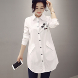 2016春装韩版时尚卡通米奇白色长袖衬衫女修身中长款打底衫衬衣潮
