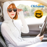 ohsunny夏季抗紫外线长袖薄款透气运动开车户外白色连帽 防晒衣女