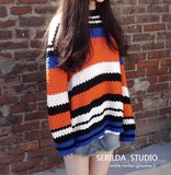 韩国东大门正品代购 16春新款SPELL设计师彩色条纹长袖套头毛衣女