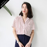 JANESENTL夏季新款韩版宽松POLO领条纹衬衣女短袖竖条纹衬衫女 潮