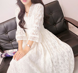 【天天特价】韩版夏超仙白色蕾丝连衣裙女修身收腰七分袖超长裙子