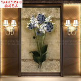 一束蓝色花卉油画 艺术玻璃玄关背景墙 屏风隔断墙 立体雕刻玻璃