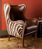 美式新古典老虎椅法式实木单人沙发欧式休闲椅别墅皮布虎纹老虎椅