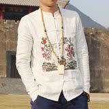 原创设计中国风男装刺绣长袖衬衫 男士复古亚麻立领盘扣修身衬衣