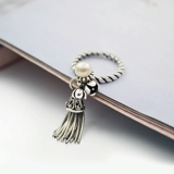 S925纯银指环 韩国复古泰银长款花朵珍珠流苏麻花编织开口戒指女