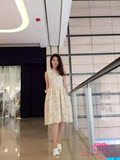 2016夏季新款纯色蕾丝镂空绣花无袖圆领中款A字连衣裙女2M2O355
