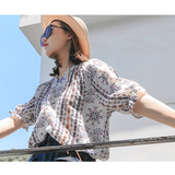 C-CHEN 2016夏季新 复古民族风系带V领印花棉麻衬衫女