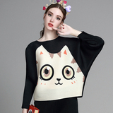 MIUCO女装2016春夏新款可爱大眼猫咪印花蝙蝠袖衬衫长袖褶皱上衣