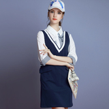 MIUCO女装2016秋设计感拼接条纹白衬衫+前后深V背带连衣裙两件套