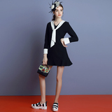 MIUCO女装2016早秋新款黑白撞色学院风系带领荷叶摆拼接连衣裙