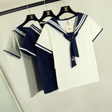 甜美学院风海军领校园女生T恤女 夏季披肩假两件绑带条纹百搭上衣
