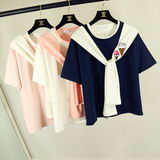 韩国东大门夏季海军学院风假两件披肩领结水手服短袖女学生装T恤