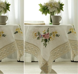 外贸出口欧式古典亚麻手工刺绣花方桌布台布餐桌布艺圆桌垫全盖布