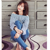 2016夏季韩国林秀晶同款露肩一字领橡筋蓝白条纹七分袖女T恤