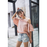 2016夏季新款 韩国代购 麻料纯色 吊带露肩粉色衬衫上衣T恤 女