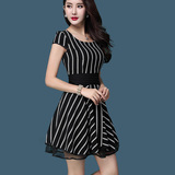 夏季连衣裙2016新款女装韩版修身显瘦性感收腰条纹短袖a字裙短裙