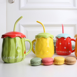 包邮水果杯子创意带盖勺西瓜杯可爱儿童马克杯陶瓷情侣咖啡杯水杯