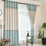 纯色加厚棉麻蓝色拼接现代简约窗帘遮光布料客厅卧室落地飘窗成品