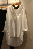 韩国代购16春装新款韩版V领中长款长袖白衬衫 女 宽松百搭衬衣