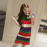 彩色彩虹条纹针织连衣裙夏季包臀修身显瘦套头短袖中长款韩版学生