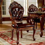 欧式头层牛皮餐椅凳子 实木雕花椅子带扶手木凳美式橡木真皮餐椅