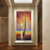 纯手绘高档客厅餐厅玄关抽象油画简约潮流装饰画 海景帆船