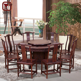 酸枝木中式仿古圆形餐桌椅组合全实木餐桌家用红木大圆桌餐带转盘