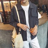 龙裔夏季男士修身七分袖衬衣条纹青年休闲衬衫外套潮韩版ifashion