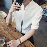 夏季休闲韩版中袖棉麻衬衣男士加大码立领青年七分袖亚麻衬衫男装