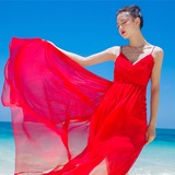 气质高腰红裙波西米亚吊带海边度假不规则开叉沙滩裙仙性感连衣裙