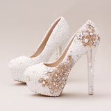 白色珍珠凤凰新娘鞋超高跟细跟拍婚纱照鞋浅口吊坠婚鞋单鞋女鞋新