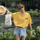 韩版学生夏季薄款百搭纯色卷边v领宽松BF短袖打底衫T恤女半袖上衣