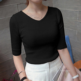 韩版2016春夏装女士v领五分袖针织衫修身紧身黑色套头中袖打底衫