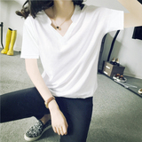 2016夏季韩国V领短袖T恤女大码宽松半袖纯黑色上衣百搭体恤显瘦棉