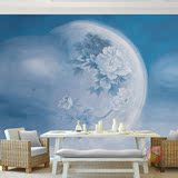 现代中式牡丹花墙纸 书房卧室客厅背景墙壁纸 蓝色月亮大型壁画