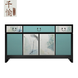 新中式手绘餐边柜 简约实木彩绘斗柜玄关装饰柜子 隔断柜极美家具